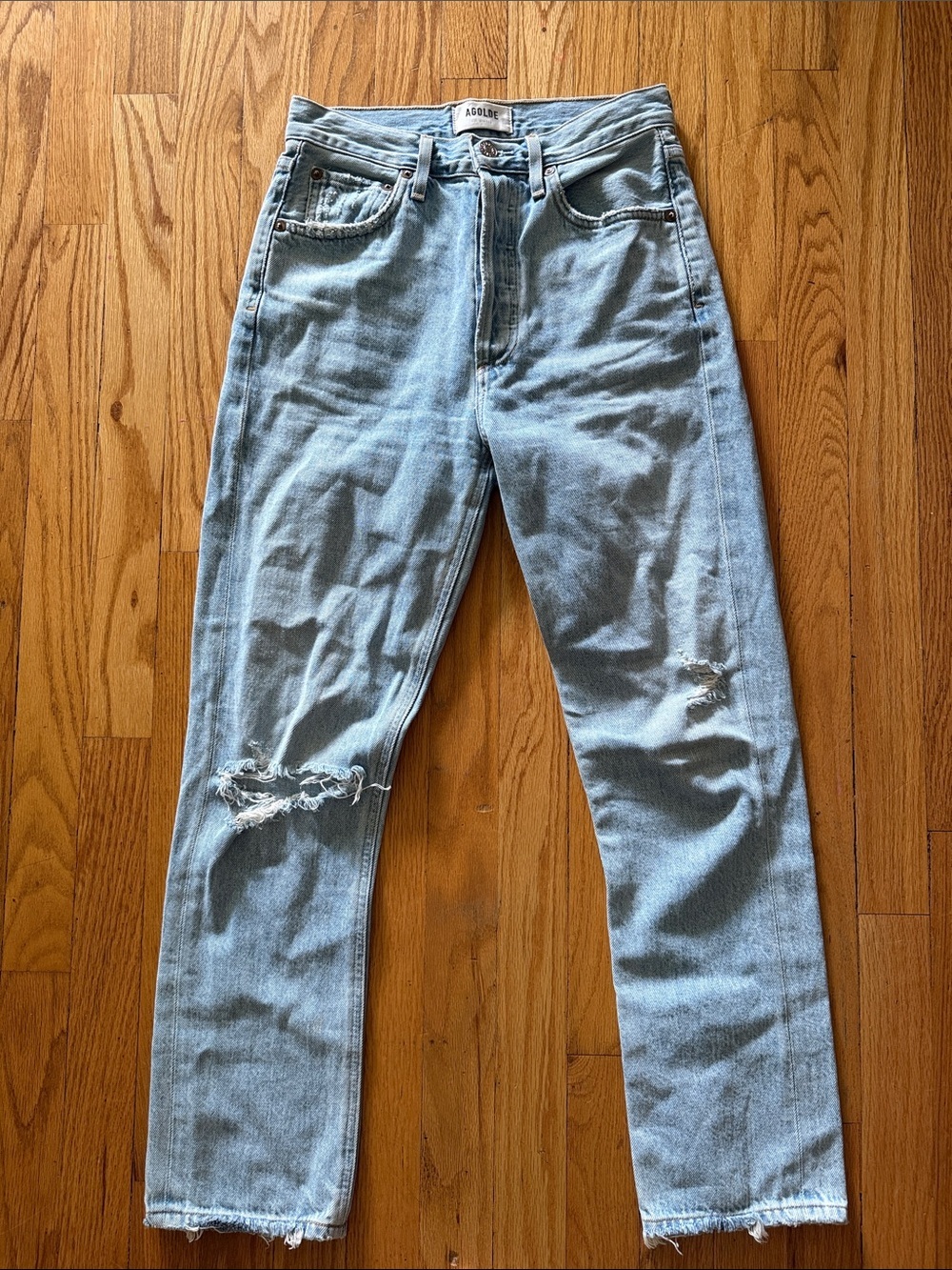 Agolde 24 Riley button fly Light Blue Distressed Straight Leg Jeans 100% cotton